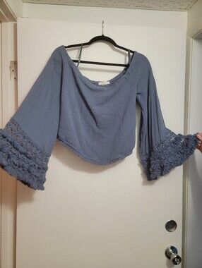 Women's Blue Off Shoulder Top with Crochet Bell Sleeves